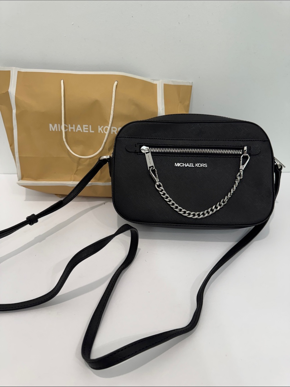 Michael Kors Black Crossbody Camera Bag with Chain Accent